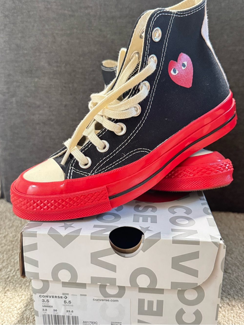 Comme Des Kids Black and Red High-Top Canvas Sneakers with Heart Accent